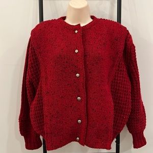 Vintage Pallas Red 100% Wool Hand Loomed Irish Made Cardigan Women's Size L